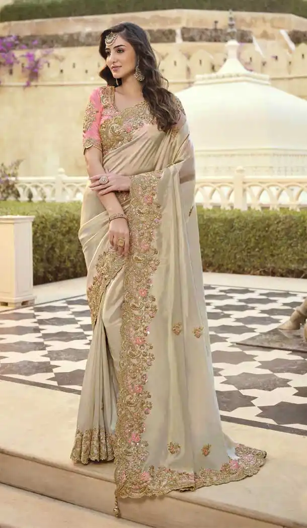 Fantastic Beige Color Viscose & Satin Designer Wedding Wear Saree Blouse -3118144629