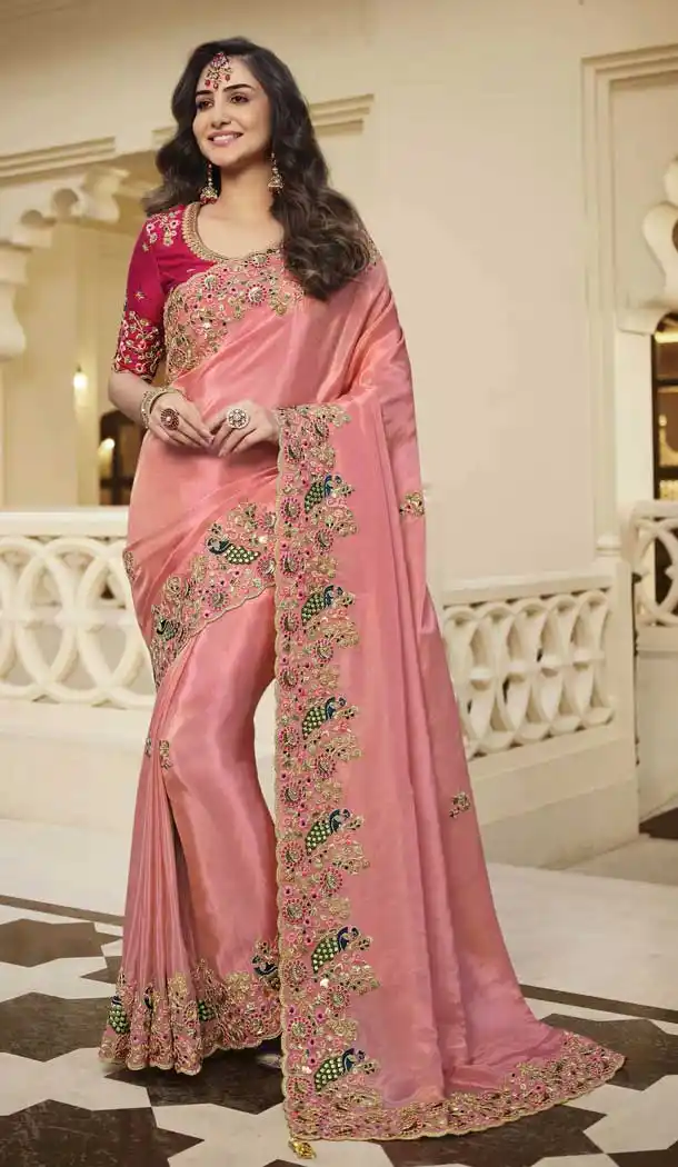 Rose Pink Color Viscose & Satin Designer Wedding Wear Saree Blouse -3118144630