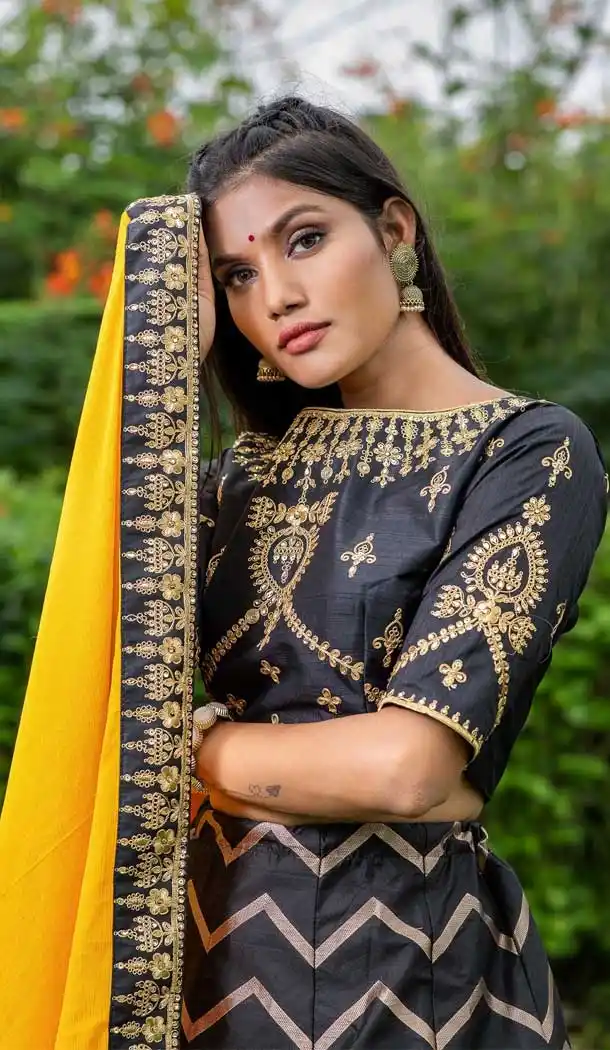 Black Color Silk Embroidery Mehendi Sangeet Wear Lehenga Choli -3136144732