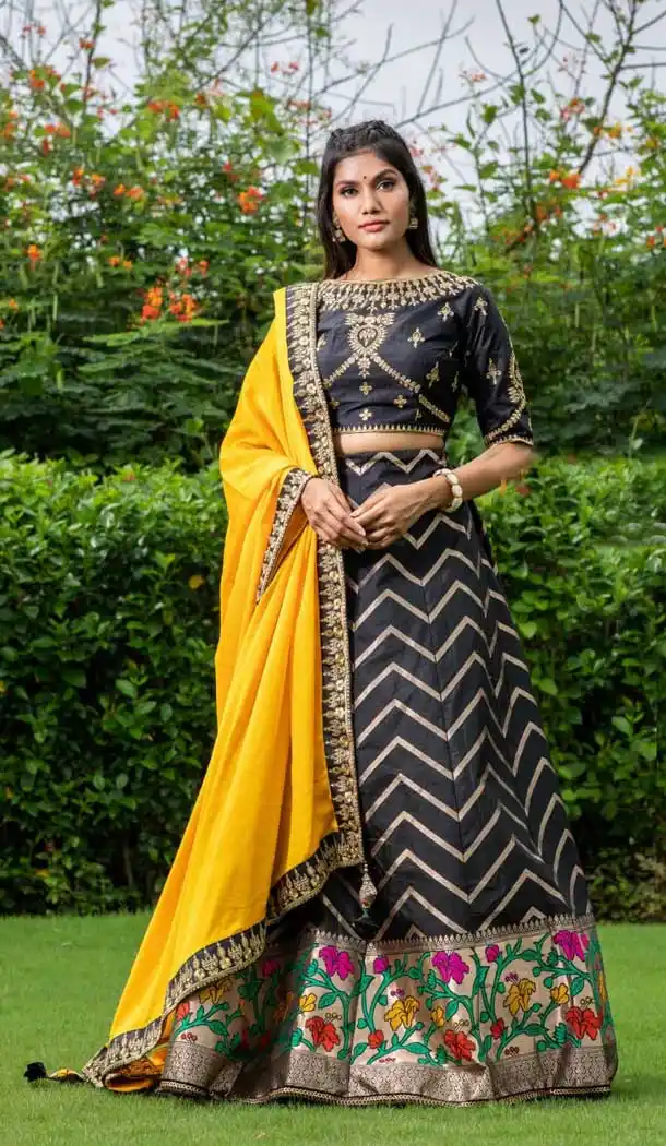 Black Color Silk Embroidery Mehendi Sangeet Wear Lehenga Choli -3136144732