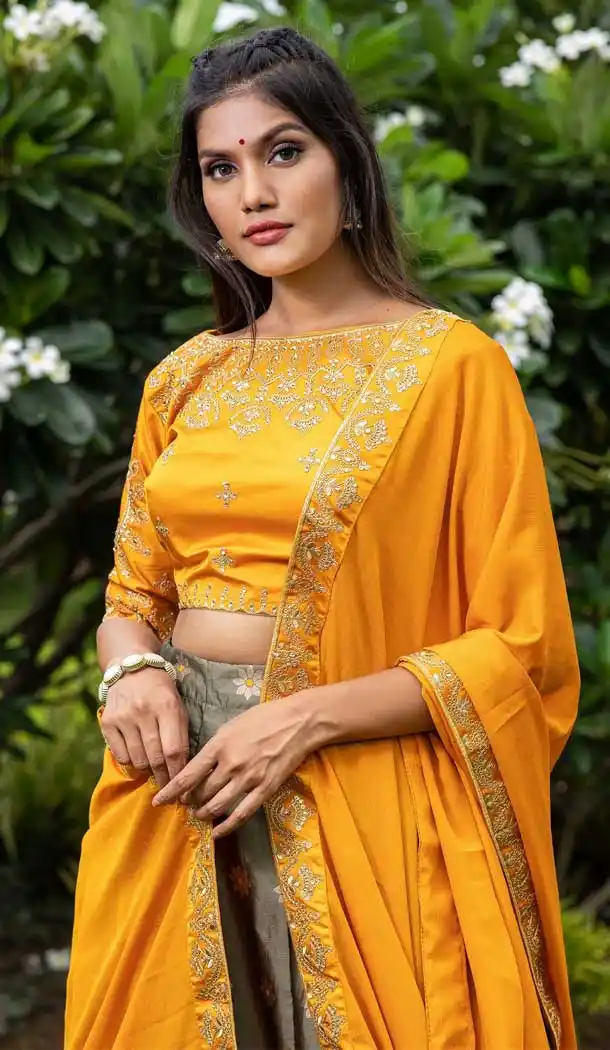Grey Color Silk Embroidery Mehendi Sangeet Wear Lehenga Choli -3136144733