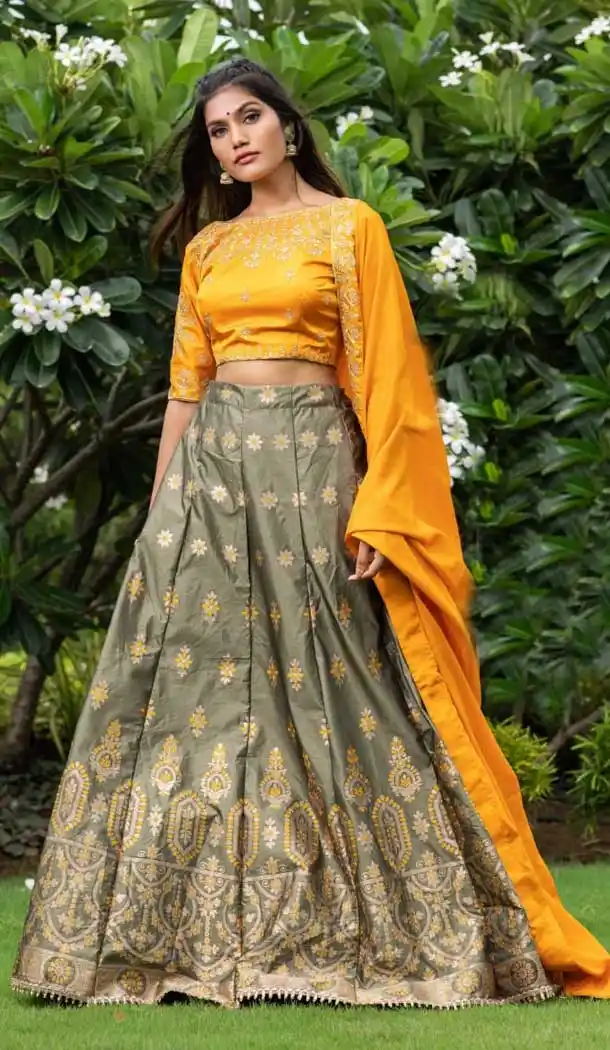 Grey Color Silk Embroidery Mehendi Sangeet Wear Lehenga Choli -3136144733
