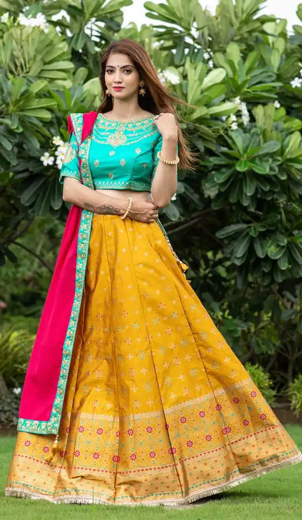 Mustard Color Silk Embroidery Mehendi Sangeet Wear Lehenga Choli -3136144735