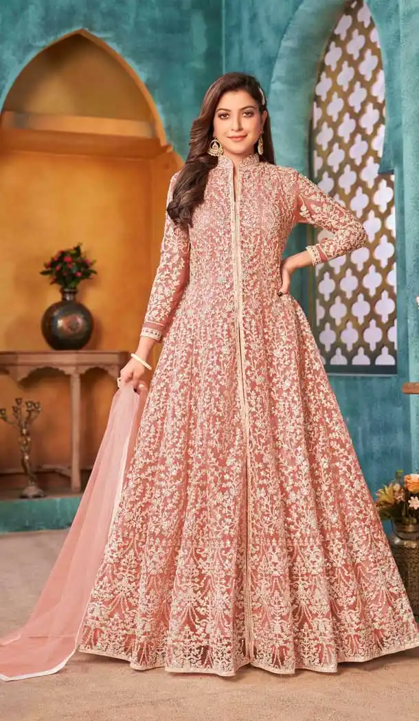 Peach Color Net Designer Pakistani Style Party Wear Salwar Kameez -3243145499