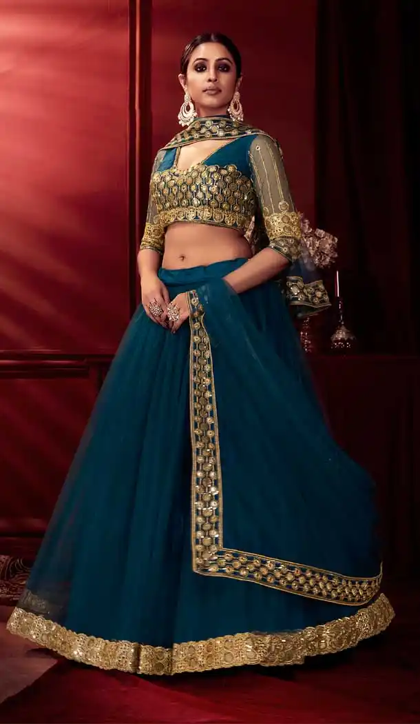 Teal Color Net Satin Designer Traditional Wear Plus Size Lehenga Choli -3244145501