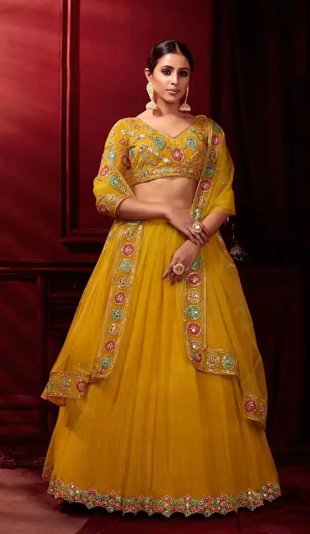 Yellow Color Net Satin Designer Traditional Wear Plus Size Lehenga Choli -3244145503