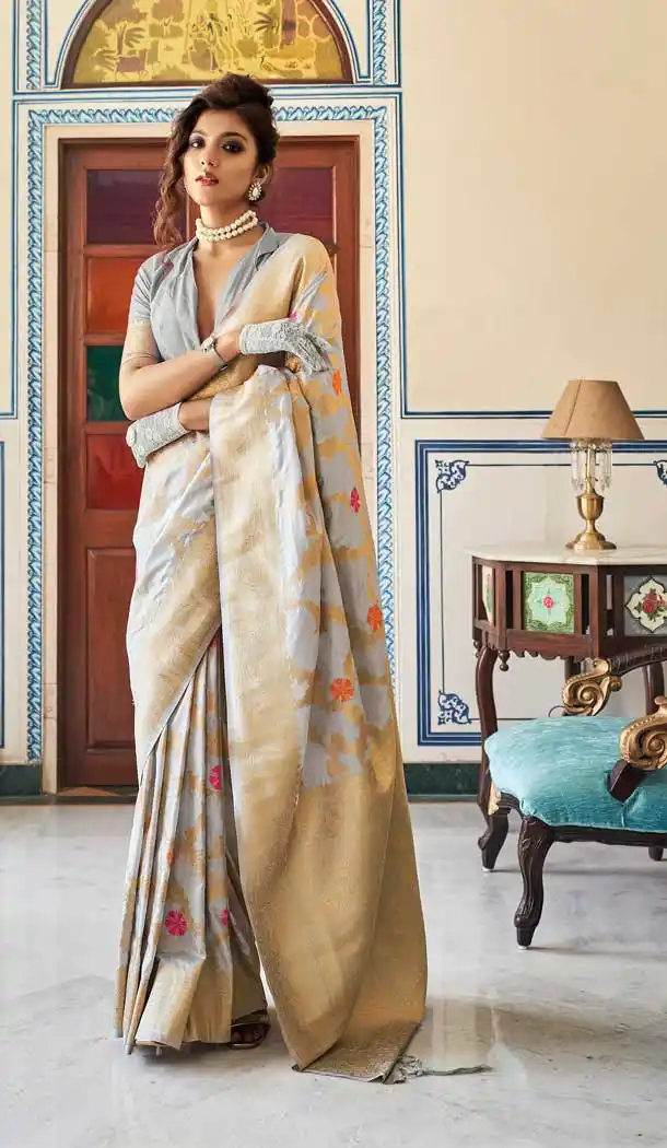 Gray Color Soft Dola Silk Traditional Party Wear Saree Blouse -3219145261