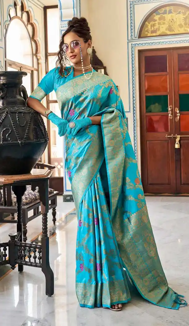 Sky Blue Color Soft Dola Silk Traditional Party Wear Saree Blouse -3219145263