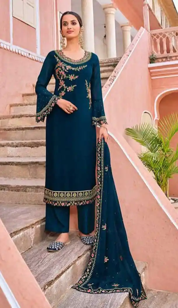 Teal Color Blooming Georgette Pakistani Style Party Wear Salwar Kameez -3250145529