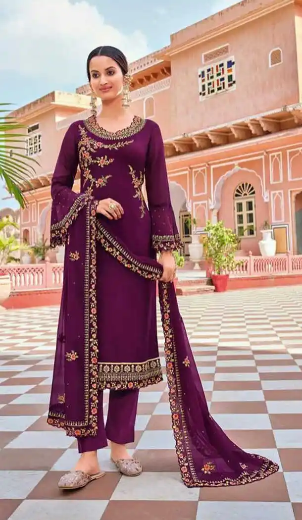 Purple Color Blooming Georgette Pakistani Style Party Wear Salwar Kameez -3250145530