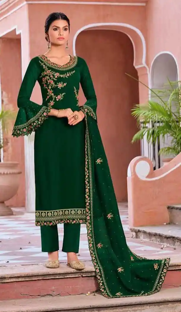 Green Color Blooming Georgette Pakistani Style Party Wear Salwar Kameez -3250145531