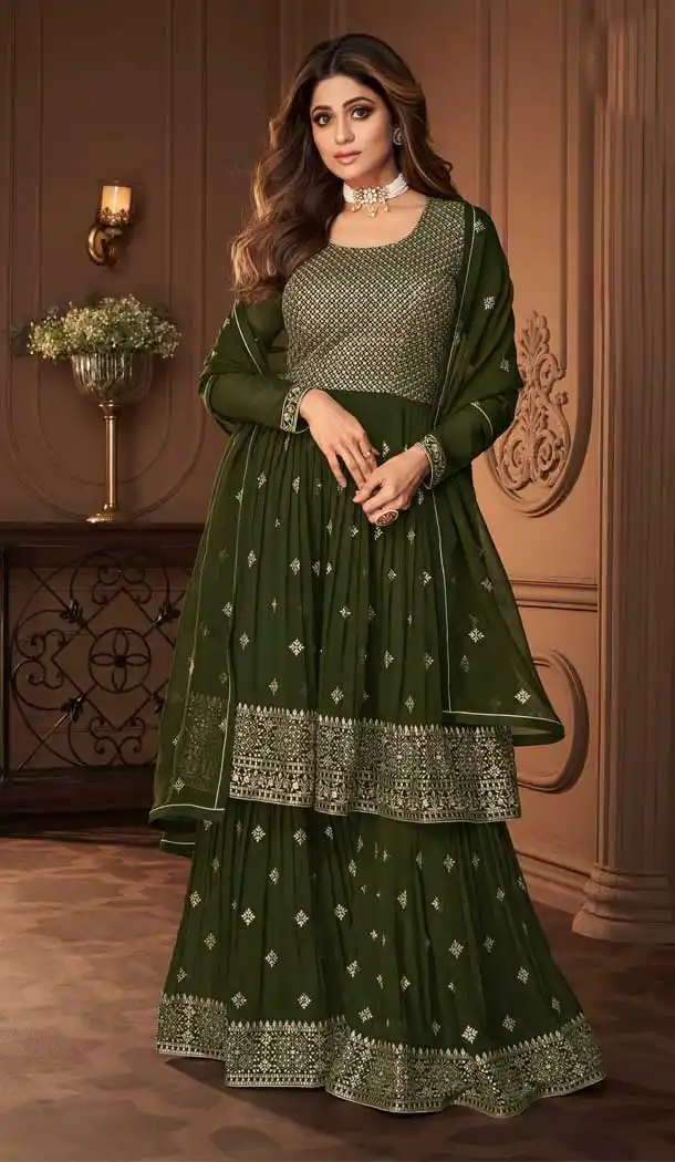 Olive Green Color Real Georgette Pakistani Style Designer Wear Salwar Kameez -3251145533