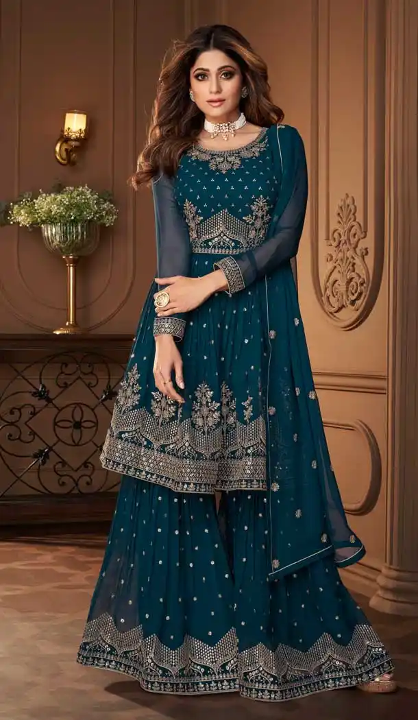 Teal Color Real Georgette Pakistani Style Designer Wear Salwar Kameez -3251145534