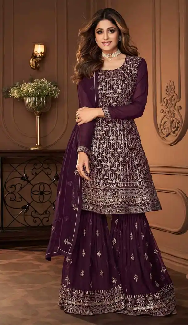 Wine Color Real Georgette Pakistani Style Designer Wear Salwar Kameez -3251145535