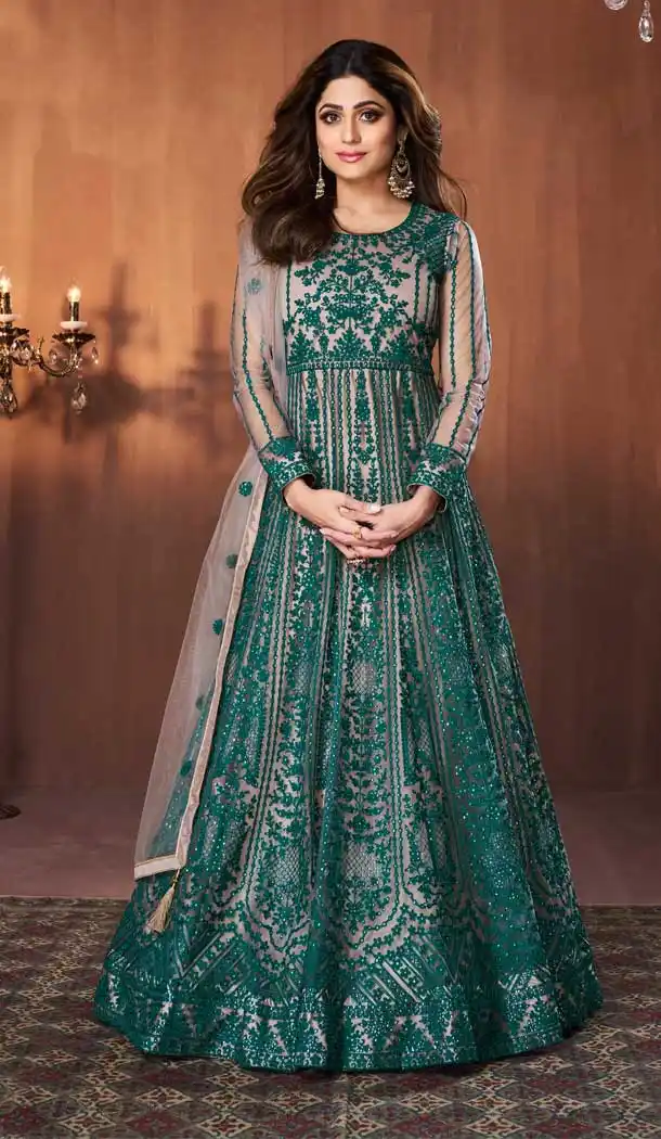 Dark Green Color Butterfly Net Pakistani Style Long Women Salwar Kameez -3252145539