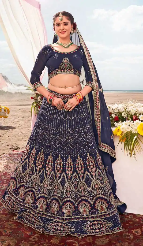 Navy Blue Color Georgette Designer Mehendi And Sangeet Wear Lehenga Choli -3288145766