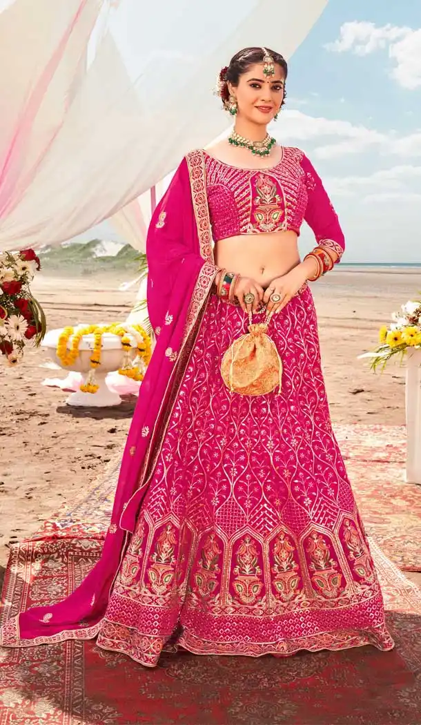 Charming Rani Pink Color Georgette Designer Mehendi And Sangeet Wear Lehenga Choli -3288145770