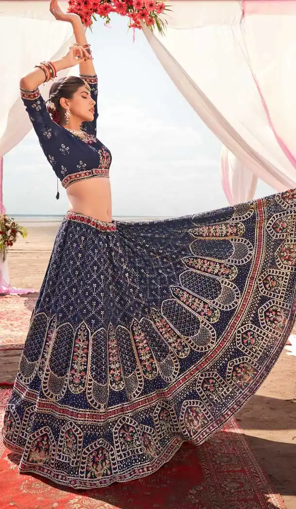 Elegance Navy Blue Color Georgette Designer Mehendi And Sangeet Wear Lehenga Choli -3288145771