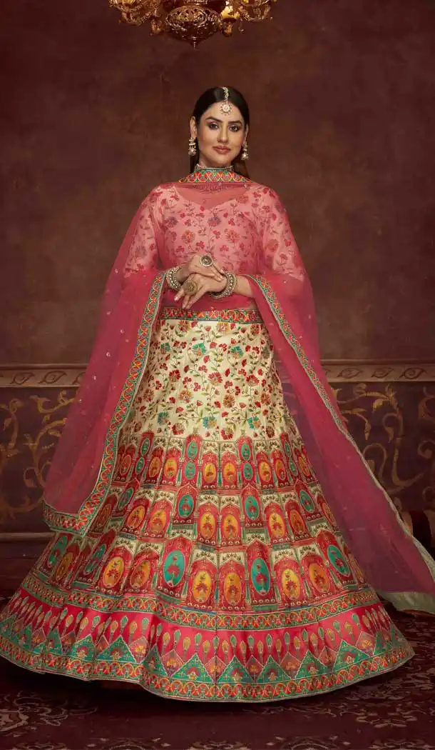 Beige Color Art Silk Designer Bridal Wedding Wear Lehenga Choli -3293145854