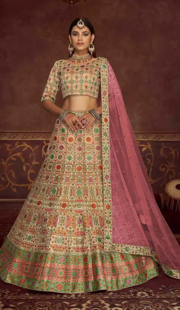 Elegant Beige Color Art Silk Designer Bridal Wedding Wear Lehenga Choli -3293145855