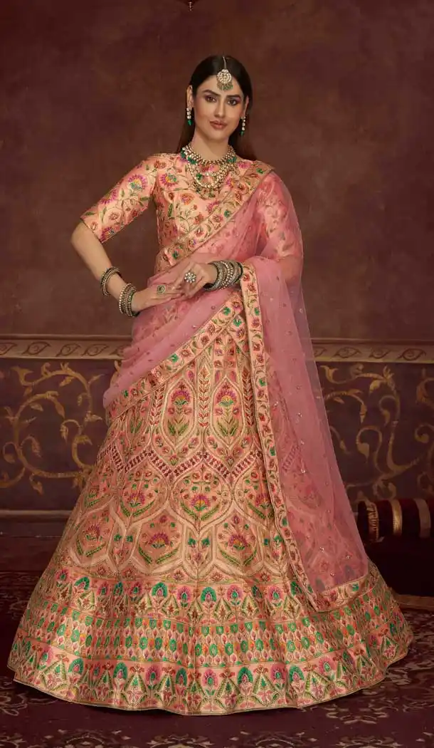 Peach Color Art Silk Designer Bridal Wedding Wear Lehenga Choli -3293145857
