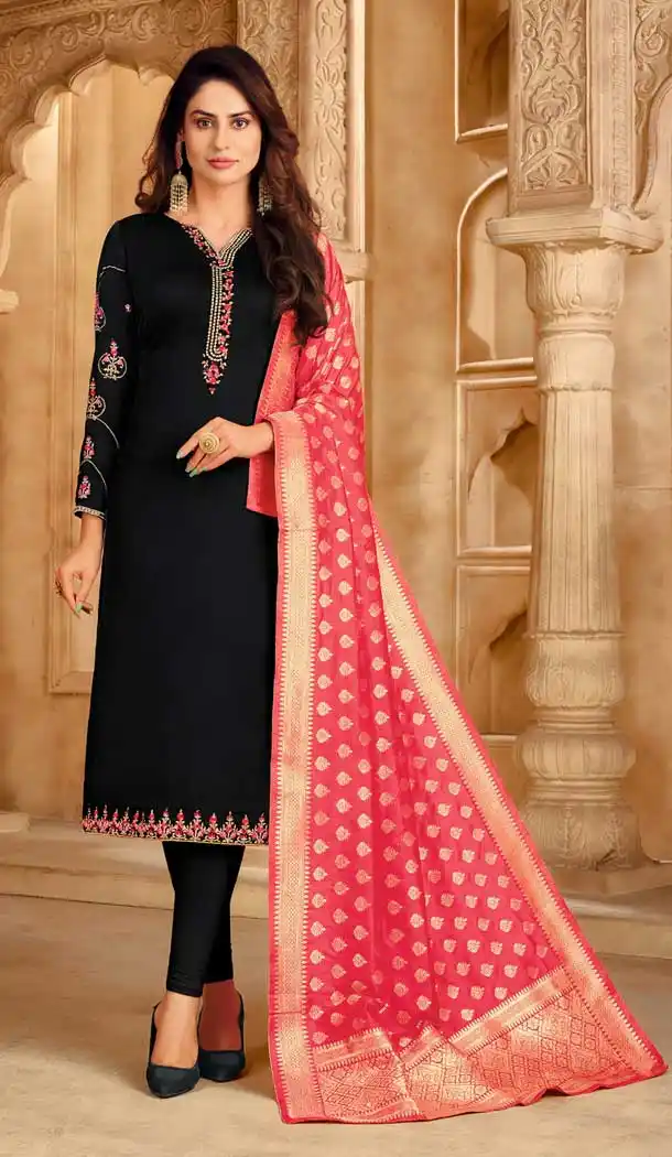 Black Color Satin Georgette Embroidery Evening Party Wear Salwar Kameez -3306145962