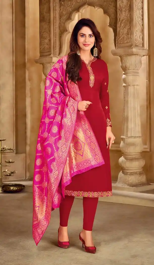 Maroon Color Satin Georgette Embroidery Evening Party Wear Salwar Kameez -3306145963
