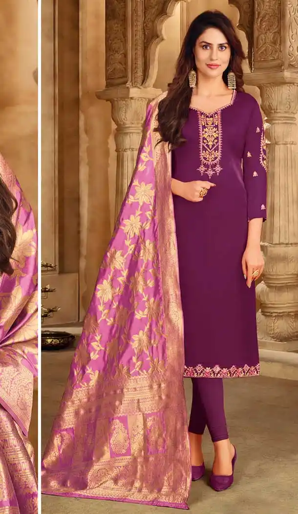 Wine Color Satin Georgette Embroidery Evening Party Wear Salwar Kameez -3306145965