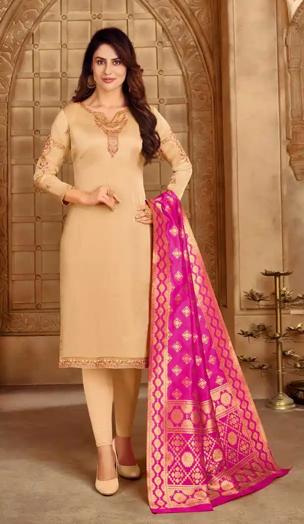Beige Color Satin Georgette Embroidery Evening Party Wear Salwar Kameez -3306145966