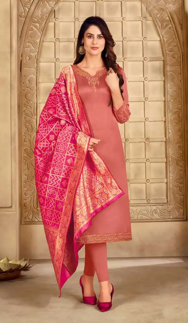 Peach Pink Color Satin Georgette Embroidery Evening Party Wear Salwar Kameez -3306145967
