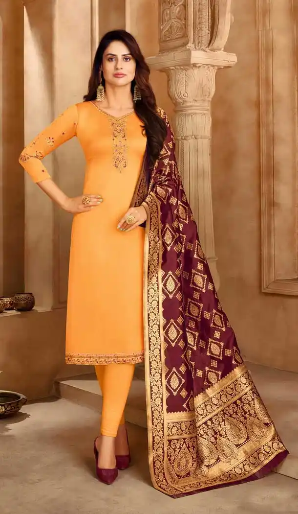 Mustard Color Satin Georgette Embroidery Evening Party Wear Salwar Kameez -3306145968