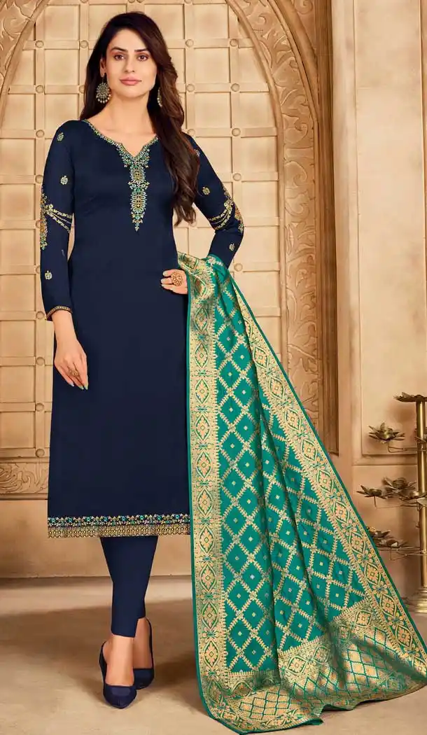 Navy Blue Color Satin Georgette Embroidery Evening Party Wear Salwar Kameez -3306145969