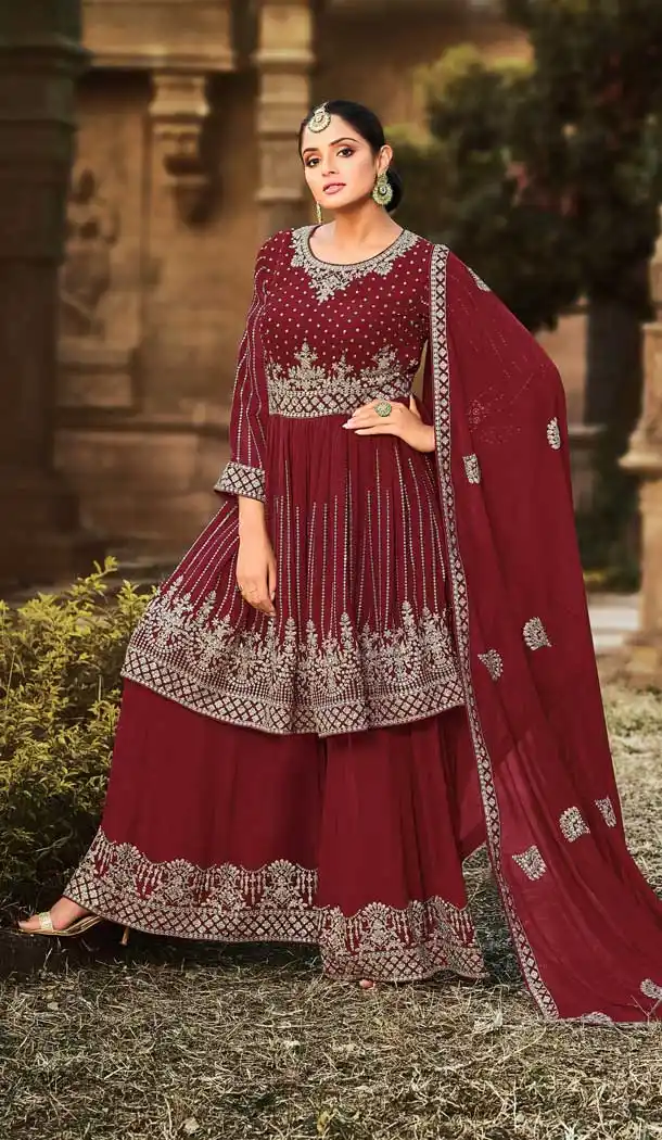 Maroon Color Fox Georgette Designer Party Wear Palazzo Salwar Suit -3307145970