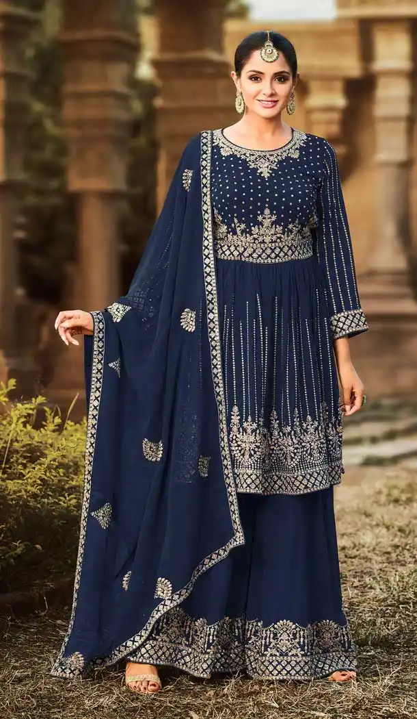 Navy Blue Color Fox Georgette Designer Party Wear Palazzo Salwar Suit -3307145971