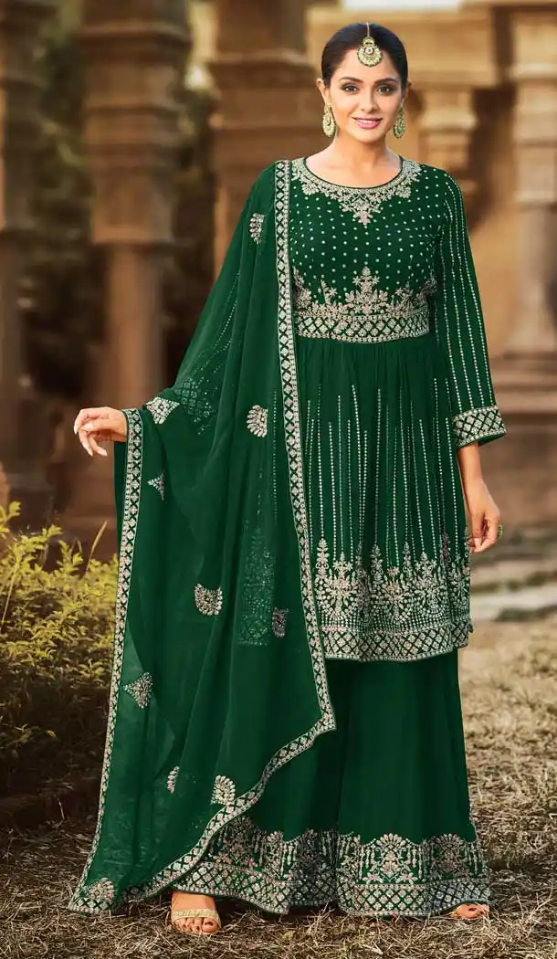 Green Color Fox Georgette Designer Party Wear Palazzo Salwar Suit -3307145972