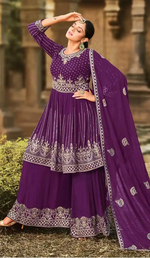 Purple Color Fox Georgette Designer Party Wear Palazzo Salwar Suit -3307145973