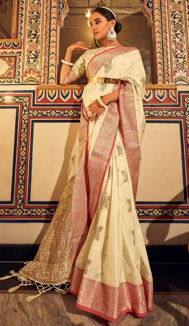 Off White Color Soft Tussar Silk Tradtional Casual Party Wear Saree -3310145993