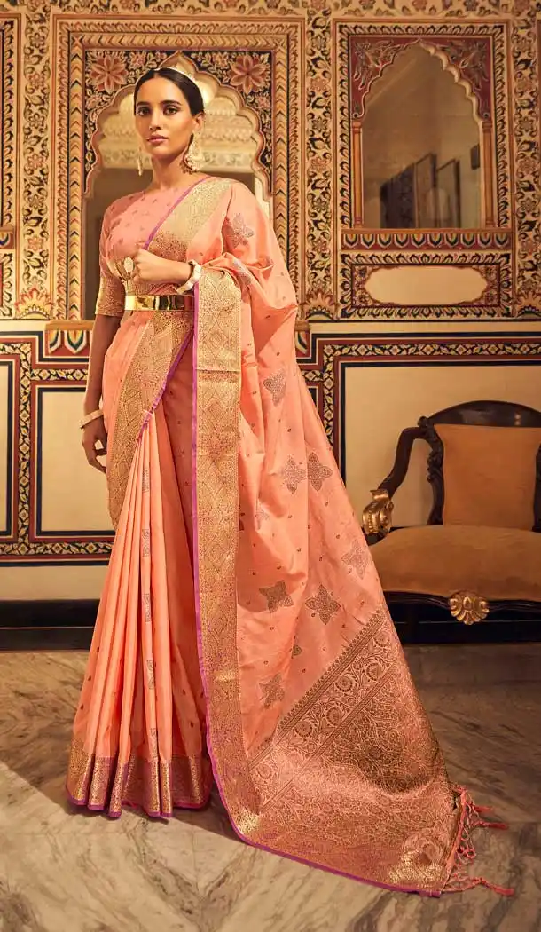 Peach Color Soft Tussar Silk Tradtional Casual Party Wear Saree -3310145995