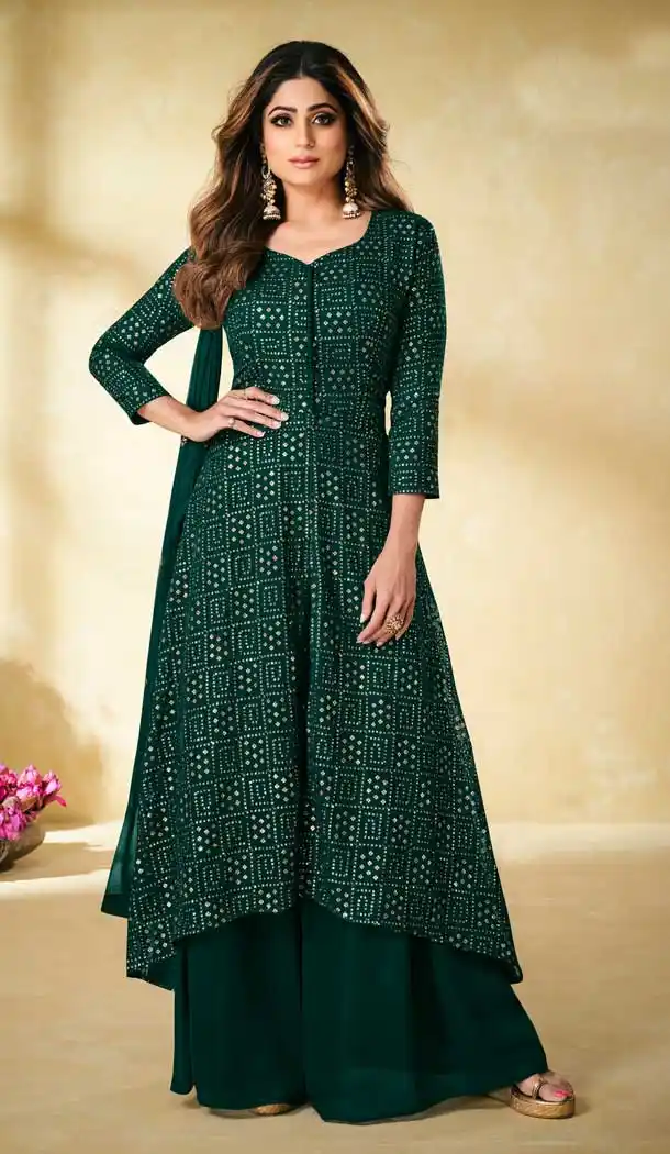 Green Color Real Georgette Designer Party Wear Palazzo Salwar Suit -3324146097