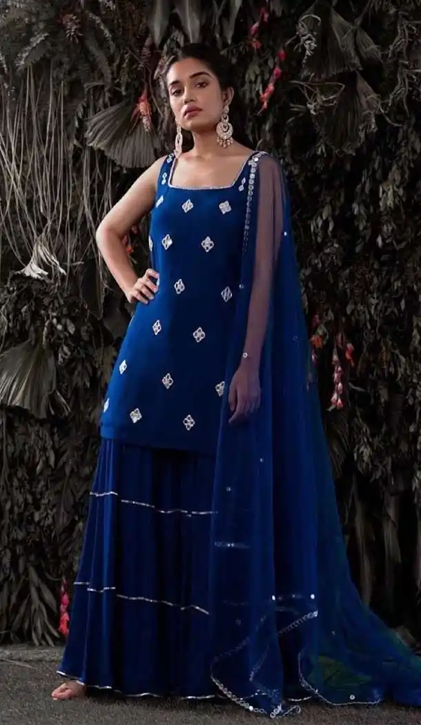 Blue Color Georgette Designer Party Function Wear Sharara Suit - 3266145617