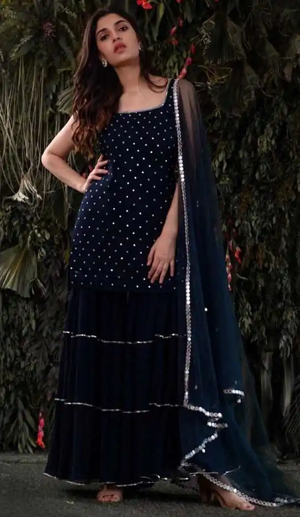 Navy Blue Color Georgette Designer Function Wear Sharara Suit - 3266145619