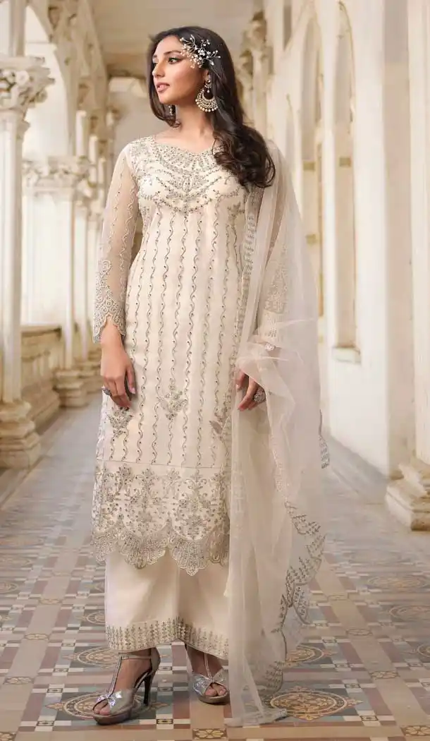 Off White Color Butterfly Net Designer Party Wear Salwar Suit - 31801450120