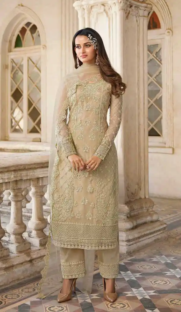 Dull Cream Color Butterfly Net Designer Party Wear Salwar Suit - 31801450123