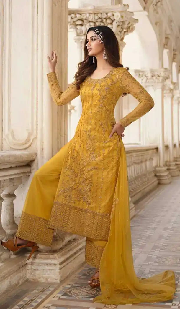 Mustard Color Butterfly Net Designer Party Wear Salwar Suit - 31801450124