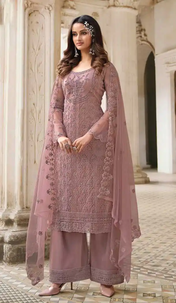 Carnation Rose Color Butterfly Net Designer Party Wear Salwar Suit - 31801450126