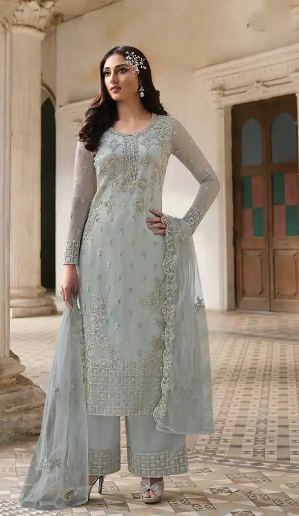 Sky Blue Color Butterfly Net Designer Party Wear Salwar Suit - 31801450127