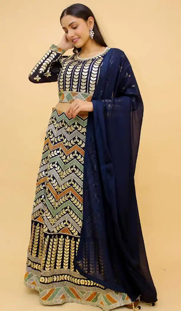 Navy Blue Color Georgette Designer Wedding Wear Lehenga Choli - 3213145221
