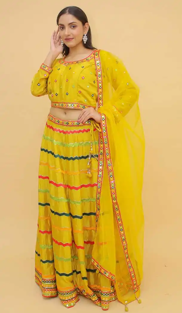Yellow Color Chinnon Designer Wedding Wear Lehenga Choli - 3213145223
