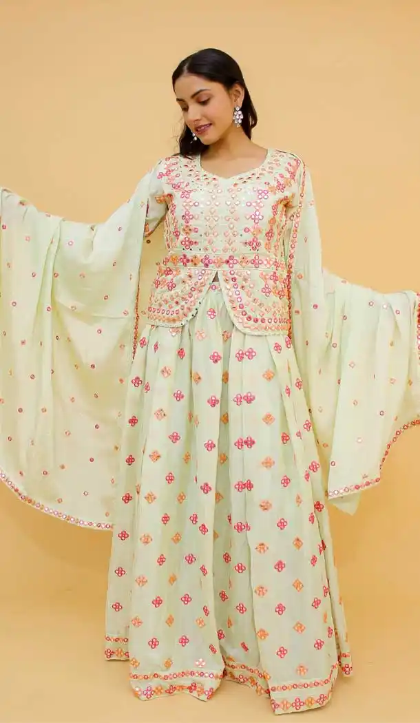 Off White Color Chinnon Designer Wedding Wear Lehenga Choli - 3213145225