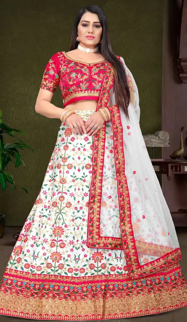 White Color Malay Satin Silk Tradtional Party Wear Women Lehenga Choli -3342146204